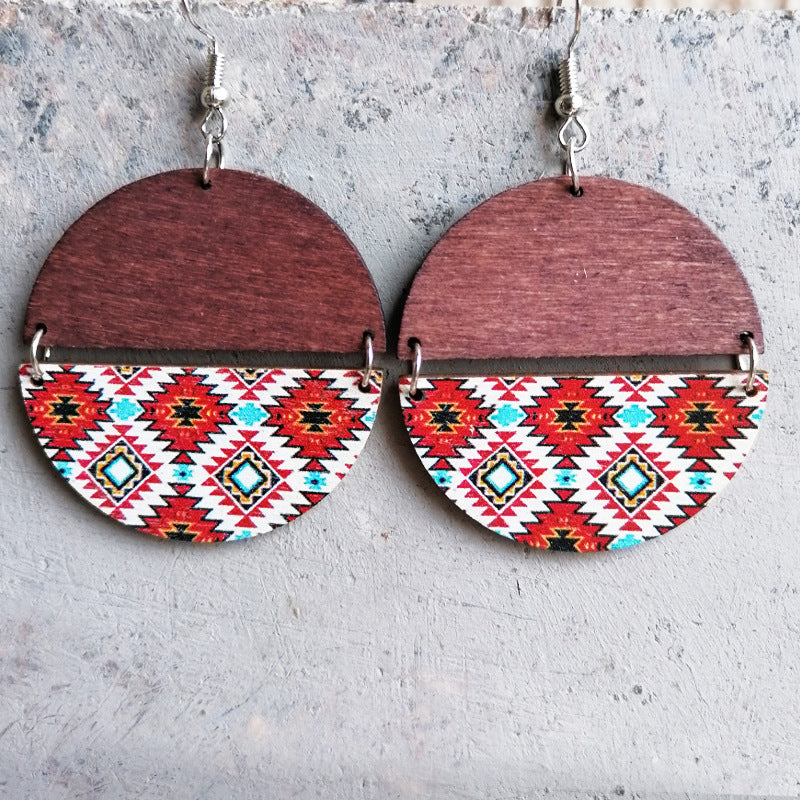 2 pares al por mayor/paquete boho patrón étnico pendientes de madera de mosaico circular